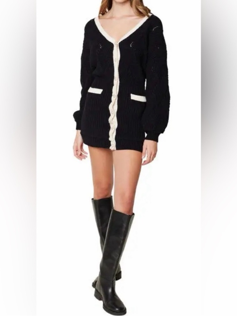 Lost + Wander Black Cardigan with Cream Trim